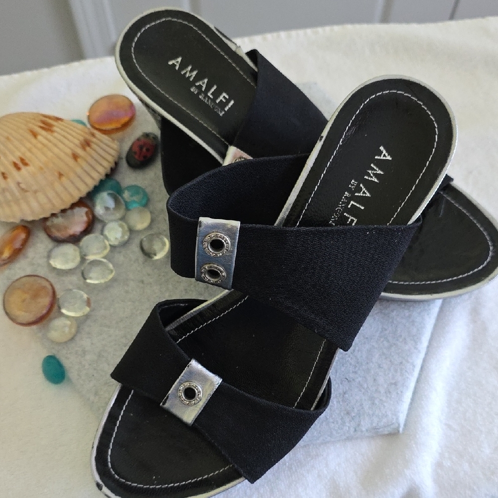 "Chic Black & Silver Net Heel Sandals – Amalfi by Rangoni 8.5M"
